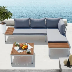 Lolea salon de jardin 4 places en aluminium et acier blanc et gris