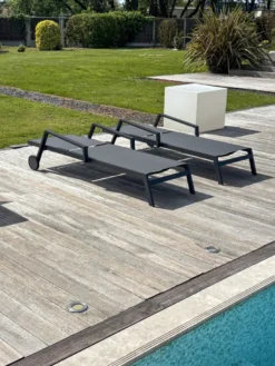 Lot de 2 bains de soleil en aluminium et toile plastifiée - gris anthracite