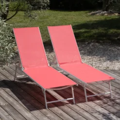 Lot de 2 bains de soleil pliants sicilia en textilène rose