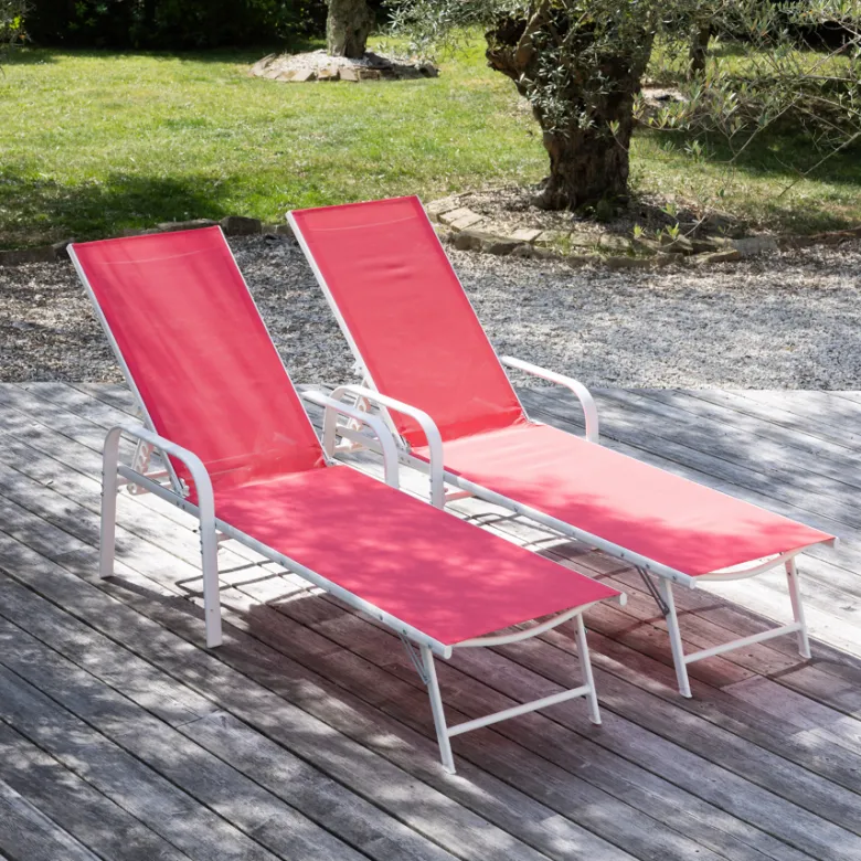Lot de 2 bains de soleil sardinia en textilène rose struct. Blanche