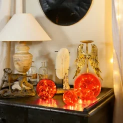 Lot de 3 boules led en verre brun ambré, lumière blanche chaude à poser