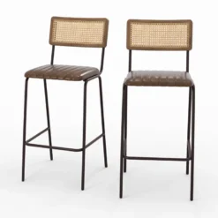 Lot de 2 chaises de bar 76 cm en cannage et cuir marron - arsène