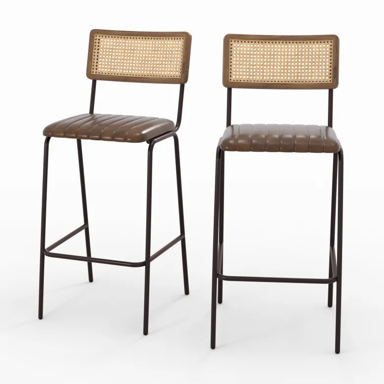 Lot de 2 chaises de bar 76 cm en cannage et cuir marron - arsène