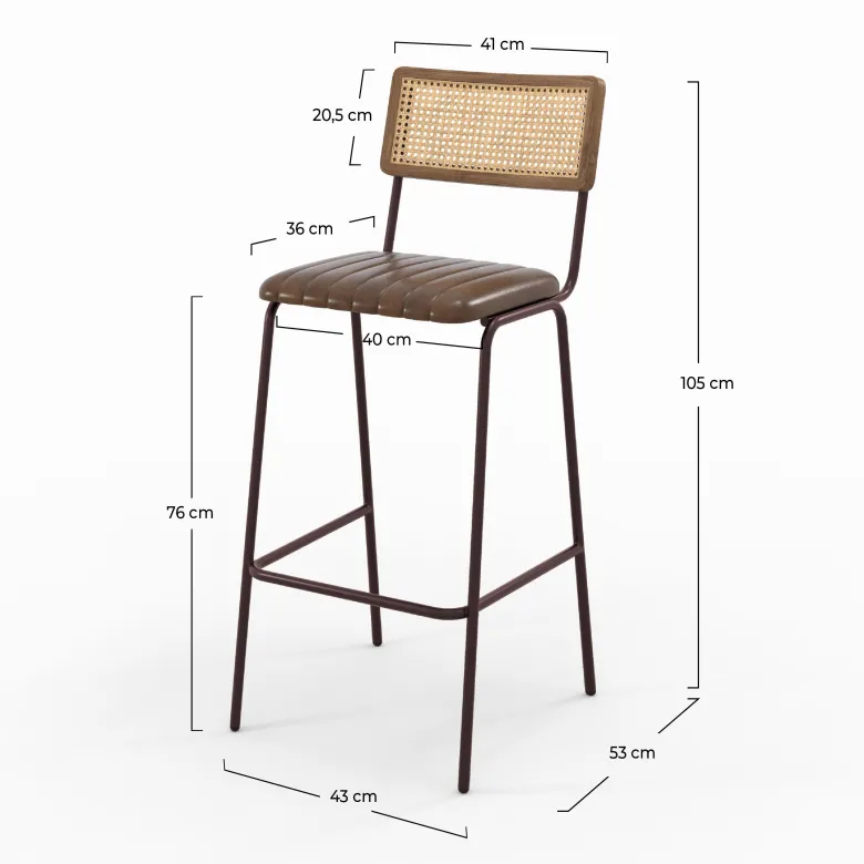 Lot de 2 chaises de bar 76 cm en cannage et cuir marron - arsène