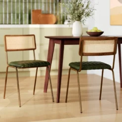 Lot de 2 chaises en cannage et cuir vert - arsène