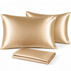 Lot de 2 taies d'oreiller satin effet soie 50x70 cm, champagne doré