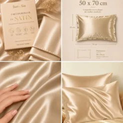 Lot de 2 taies d'oreiller satin effet soie 50x70 cm, champagne doré