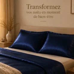 Lot de 2 taies d'oreiller satin effet soie 50x70 cm, bleu nuit