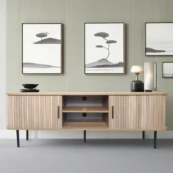 Manado meuble tv en bois cannelé à portes coulissantes 140cm