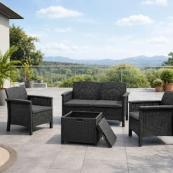 Maniza salon de jardin 4 places effet résine tressée gris anthracite avec table