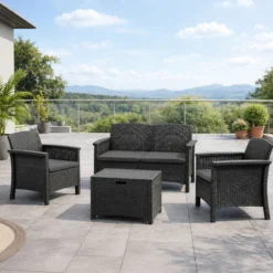 Maniza salon de jardin 4 places effet résine tressée gris anthracite avec table
