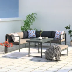 Marbella salon de jardin gris foncé 6 places canapé et banc