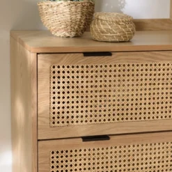 Marceau - commode en bois 3 tiroirs cannage naturel pieds métal noir