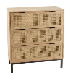 Marceau - commode en bois 3 tiroirs cannage naturel pieds métal noir