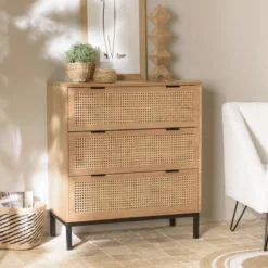 Marceau - commode en bois 3 tiroirs cannage naturel pieds métal noir