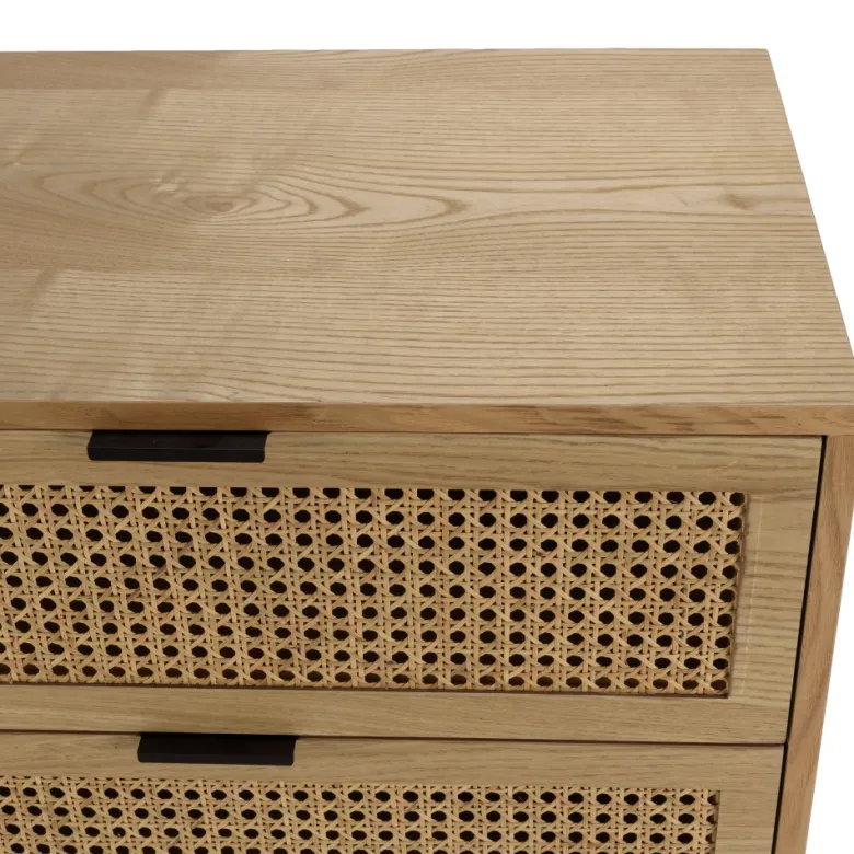 Marceau - commode en bois 6 tiroirs cannage naturel pieds métal noir