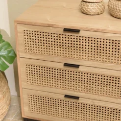 Marceau - commode en bois 6 tiroirs cannage naturel pieds métal noir