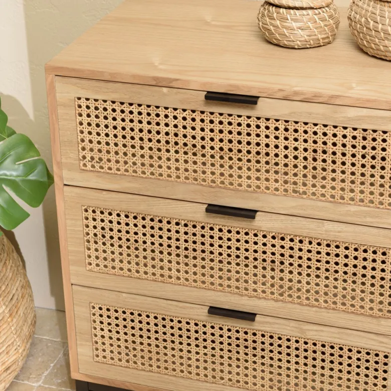 Marceau - commode en bois 6 tiroirs cannage naturel pieds métal noir