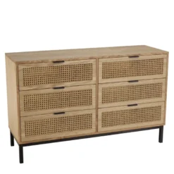 Marceau - commode en bois 6 tiroirs cannage naturel pieds métal noir