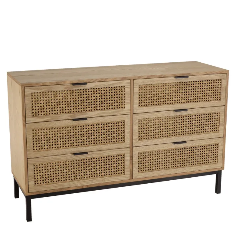 Marceau - commode en bois 6 tiroirs cannage naturel pieds métal noir