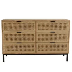 Marceau - commode en bois 6 tiroirs cannage naturel pieds métal noir