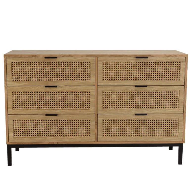 Marceau - commode en bois 6 tiroirs cannage naturel pieds métal noir