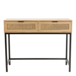 Marceau - console en bois 2 tiroirs cannage naturel pieds métal noir
