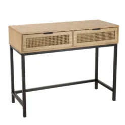 Marceau - console en bois 2 tiroirs cannage naturel pieds métal noir
