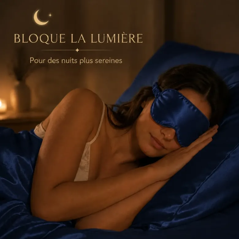 Masque de nuit satin effet soie occultant, doux pour la peau, bleu nuit