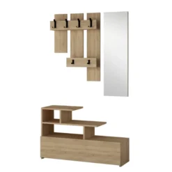 Mesty meuble d'entrée effet bois avec porte manteau rangement et miroir