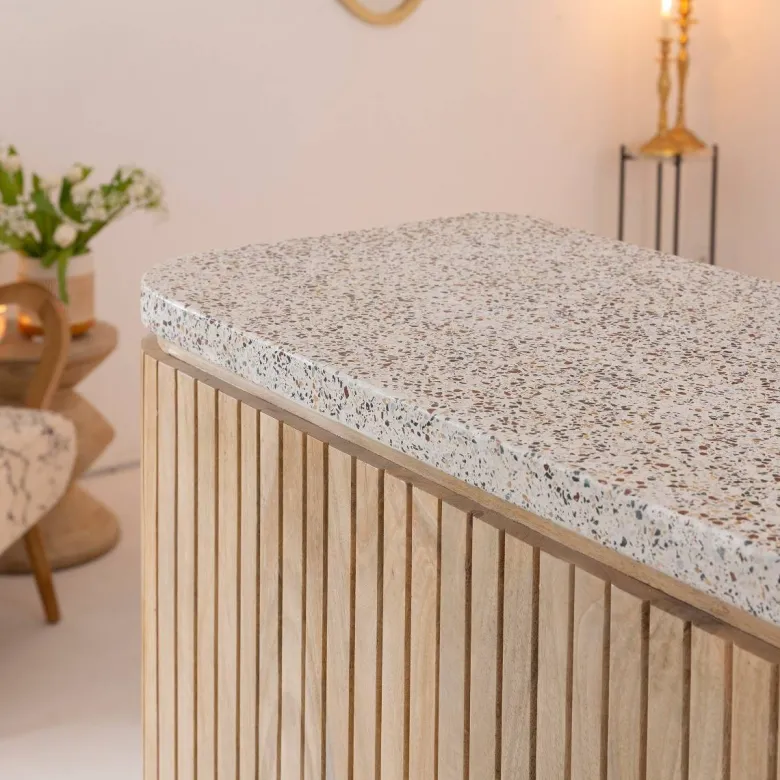 Meuble bar en angle bois et terrazzo