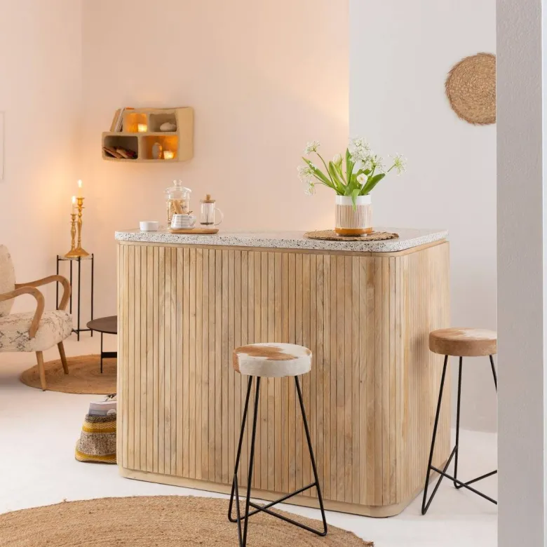 Meuble bar en angle bois et terrazzo