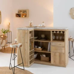 Meuble bar en angle bois et terrazzo