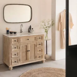 Meuble sous vasque en bois recyclé et marbre blanc octavie