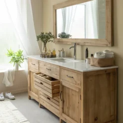 Meuble sous vasque pin et marbre blanc