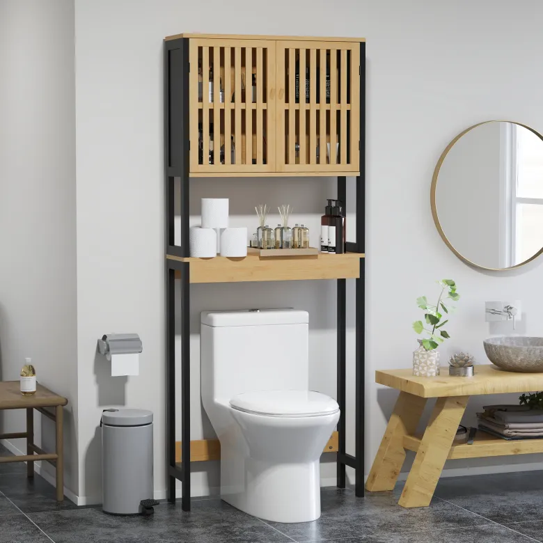 Meuble étagère dessus wc - 2 portes, 2 étagères - mdf noir bois bambou verni