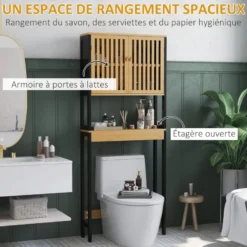 Meuble étagère dessus wc - 2 portes, 2 étagères - mdf noir bois bambou verni