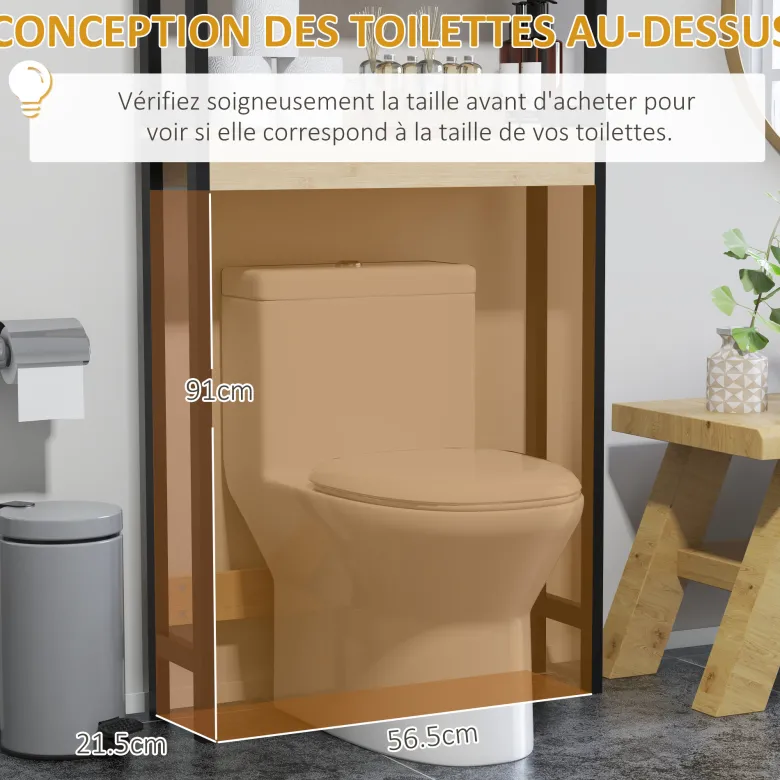 Meuble étagère dessus wc - 2 portes, 2 étagères - mdf noir bois bambou verni