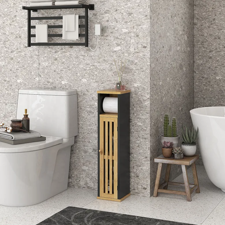 Meuble wc avec support papier toilette - porte, étagère - mdf noir bambou verni