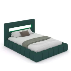 Omaha lit coffre led style nuage 180x200cm en velours vert avec tête de lit et s