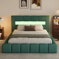 Omaha lit coffre led style nuage 180x200cm en velours vert avec tête de lit et s