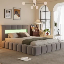 Omaha lit coffre led style nuage 180x200cm en velours gris avec tête de lit et s