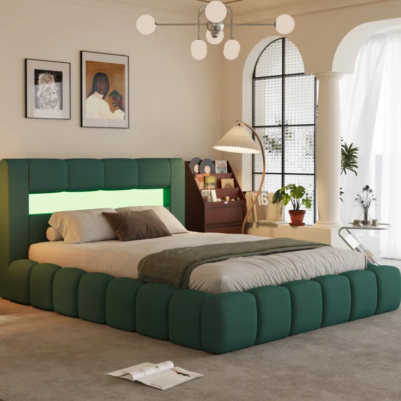 Omaha lit coffre style nuage led 140x190cm velours vert