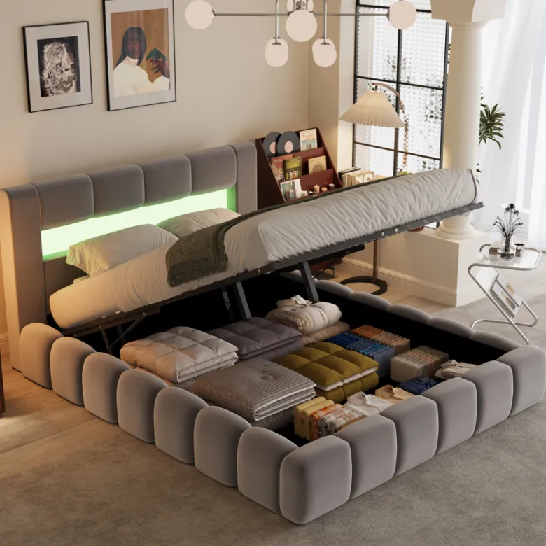 Omaha lit coffre style nuage led 160x200cm velours gris avec tête de lit et somm