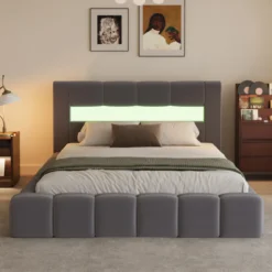 Omaha lit coffre style nuage led 160x200cm velours gris avec tête de lit et somm