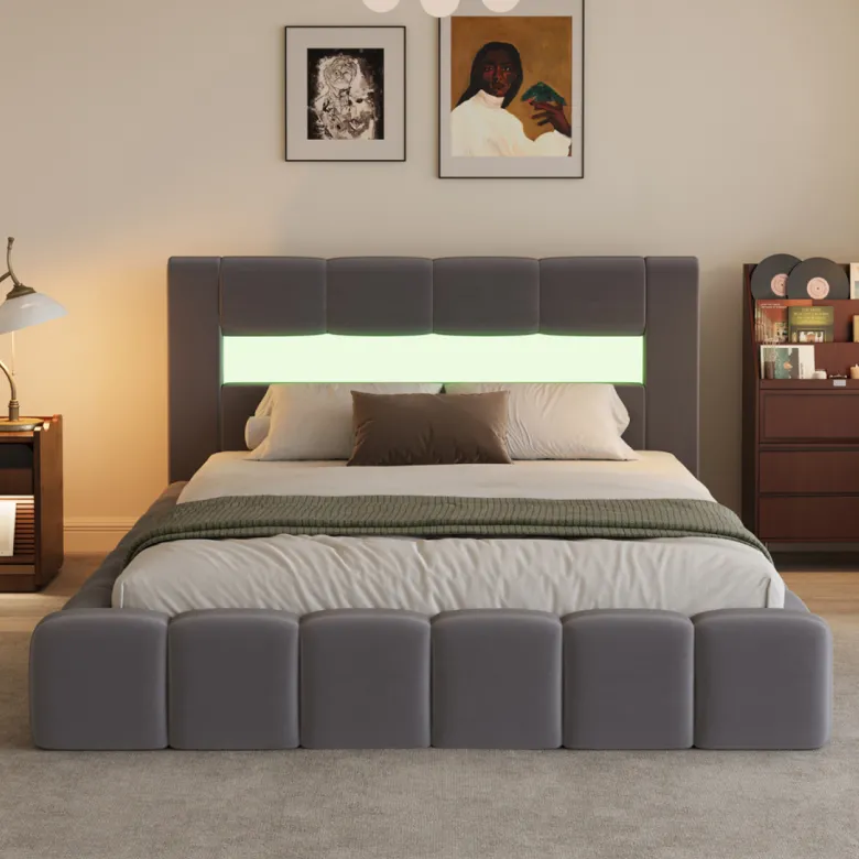 Omaha lit coffre style nuage led 160x200cm velours gris avec tête de lit et somm