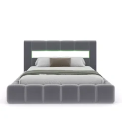 Omaha lit coffre style nuage led 160x200cm velours gris avec tête de lit et somm
