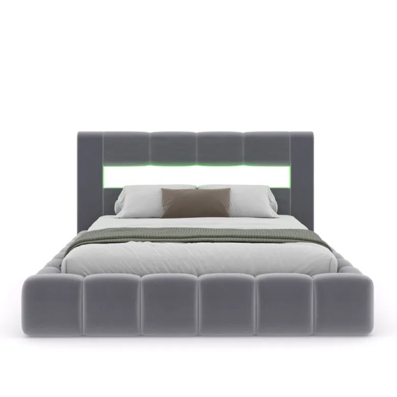 Omaha lit coffre style nuage led 160x200cm velours gris avec tête de lit et somm