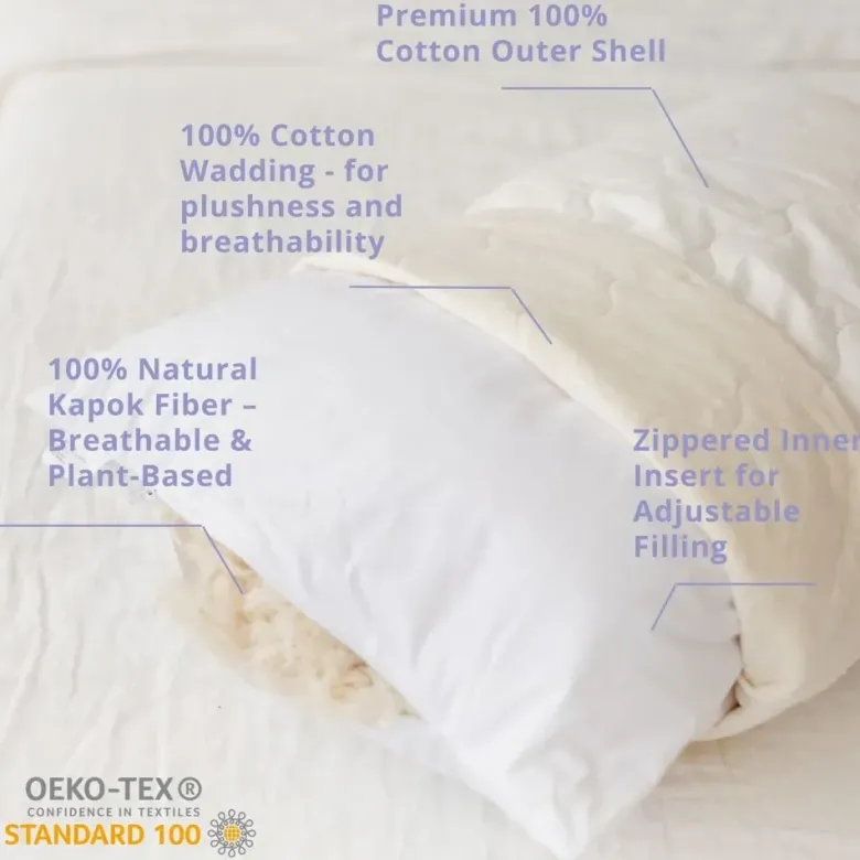 Oreiller de sommeil en kapok, housse coton respirante us standard blanc