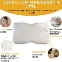 Oreiller ergonomique duo ajustable mémoire de forme, taie bambou incluse